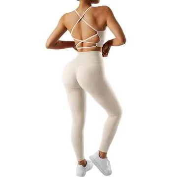RXRXCOCO Ribbed Workout Sets for Women 2 Piece Backless Strappy Sports Bra Seamless Leggings Matching Set Yoga Outfits Apricot Small