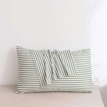 JELLYMONI 100% Natural Cotton Striped Standard Pillowcases Set, 2 Pack White and Green Stripes Patte...
