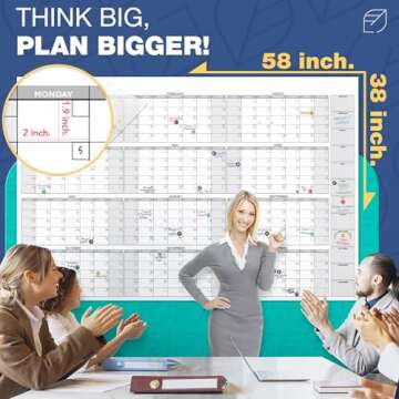 Dry Erase Calendar for Wall, 38"x58" - Undated, Reusable, Yearly - Large Whiteboard For School, Classroom & Office, Includes Markers, Eraser & Accessories