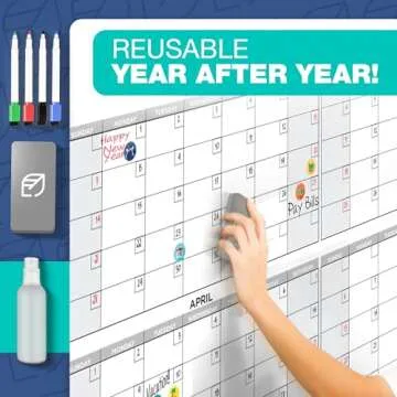 Dry Erase Calendar for Wall, 38"x58" - Undated, Reusable, Yearly - Large Whiteboard For School, Classroom & Office, Includes Markers, Eraser & Accessories