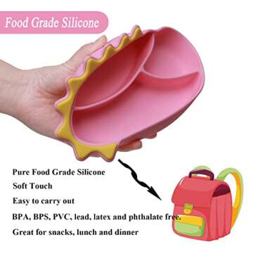 NICINGU Suction Plates for Baby,Silicone Toddler Plates with Spoon Fork set Divided Dinosaurs Plates Self Feeding Training Baby Dinner Plate-Pink Dinosaurs Plate Set