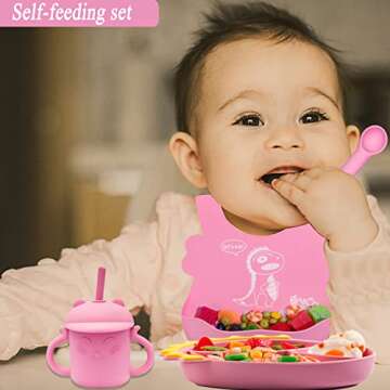 NICINGU Suction Plates for Baby,Silicone Toddler Plates with Spoon Fork set Divided Dinosaurs Plates Self Feeding Training Baby Dinner Plate-Pink Dinosaurs Plate Set