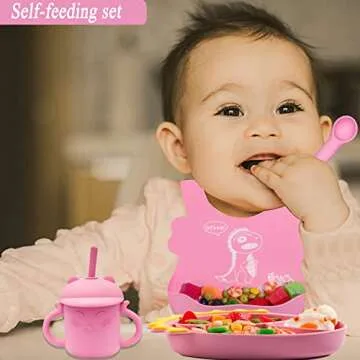NICINGU Suction Plates for Baby,Silicone Toddler Plates with Spoon Fork set Divided Dinosaurs Plates Self Feeding Training Baby Dinner Plate-Pink Dinosaurs Plate Set