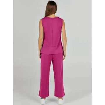 ANRABESS Women's 2 Piece Sets Summer Outfits Sleeveless Wide Leg Tracksuits Casual Sweat Sets Lounge Sweatsuits Rose Red XX-Large