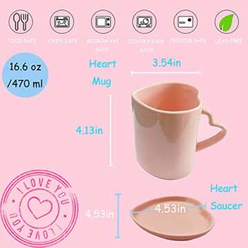 Pink Heart Shaped Cup and Saucer Large Ceramic Coffee Mug 16.6oz Cute Cup Love Gift for Weddings Bir...