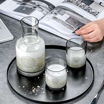 Sattyge Bedside Water Carafe, 25 oz 3 Pieces Water Set, Night Water Carafe with Tumbler, Nightstand Water Carafe and Glass, Glass Cup Set Gray Glass Pitcher Glass Mouthwash Bottle for Bathroom