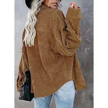 Dokotoo Womens Oversized Long Sleeve Button Up Pocket Shirts Ladies Loose Fit Corduroy Tunic Blouse ...