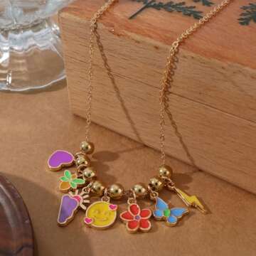 Chicgrowth Cute Colorful Pendant Necklace for Women Gold Chain Necklace with Dangle Smiley Face Love Heart Flower Butterfly Bee Lightning Cloud Charm Adjustable Party Trendy Jewelry Gift for Women