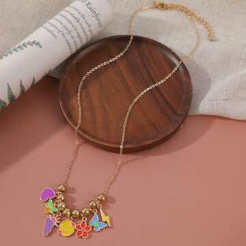 Chicgrowth Cute Colorful Pendant Necklace for Women Gold Chain Necklace with Dangle Smiley Face Love Heart Flower Butterfly Bee Lightning Cloud Charm Adjustable Party Trendy Jewelry Gift for Women