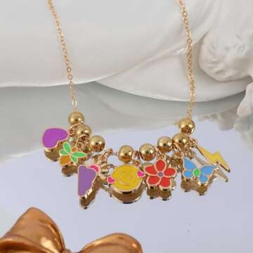 Chicgrowth Cute Colorful Pendant Necklace for Women Gold Chain Necklace with Dangle Smiley Face Love Heart Flower Butterfly Bee Lightning Cloud Charm Adjustable Party Trendy Jewelry Gift for Women