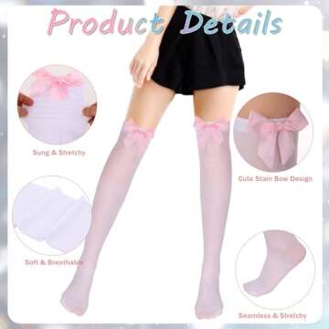Hariendny 2 Pairs Black Thigh High Socks with Bow, White Sheer Stockings with Pink Bow, Satin Bow St...