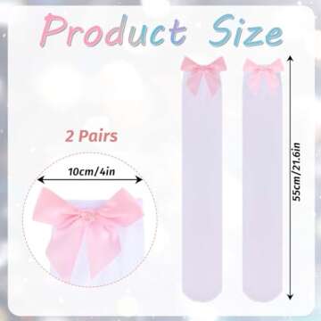 Hariendny 2 Pairs Black Thigh High Socks with Bow, White Sheer Stockings with Pink Bow, Satin Bow Stockings Women Knee Highs Stockings for Girls, Over Knee Long Stockings with Pink Bows