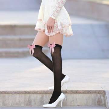 Hariendny 2 Pairs Black Thigh High Socks with Bow, White Sheer Stockings with Pink Bow, Satin Bow Stockings Women Knee Highs Stockings for Girls, Over Knee Long Stockings with Pink Bows
