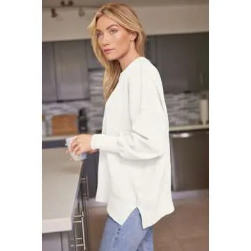 LILLUSORY Women's Oversized Batwing Sweaters 2024 Fall Outfits Crewneck Ribbed Knit Side Slit Trendy Pullover Tops White S