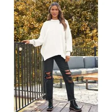 LILLUSORY Women's Oversized Batwing Sweaters 2024 Fall Outfits Crewneck Ribbed Knit Side Slit Trendy Pullover Tops White S