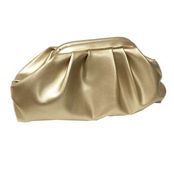 expouch Women Cloud Bag Slouchy Clutch Ruched Purse Evening Handbag with Gold Chain Shoulder Bag (Gold)