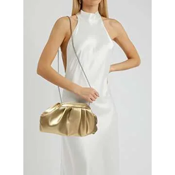 expouch Women Cloud Bag Slouchy Clutch Ruched Purse Evening Handbag with Gold Chain Shoulder Bag (Gold)