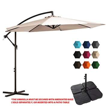 SERWALL 10ft Patio Offset Umbrella Outdoor Umbrellas Cantilever Umbrella Hanging Market Umbrella with Crank, Cross Base & 8 Sturdy Ribs (Beige)