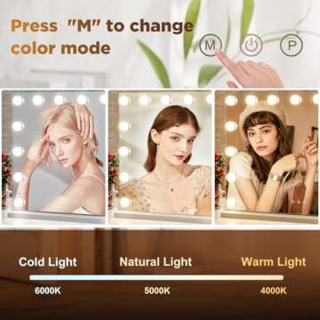 Hollywood Vanity Mirror with Lights - 15 Bulbs 23 x 18 Inch Makeup Mirror with USB Charging and 10x ...