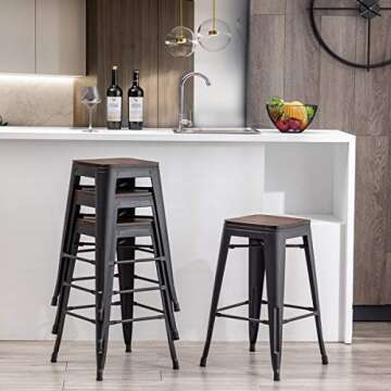 Alunaune 24" Metal Bar Stools Set of 4 Stackable Counter Height Barstools Backless Industrial Kitchen Bar Chairs with Wooden Seat-Matte Black