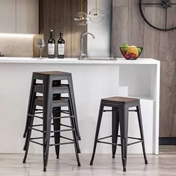 Alunaune 24" Metal Bar Stools Set of 4 Stackable Counter Height Barstools Backless Industrial Kitchen Bar Chairs with Wooden Seat-Matte Black