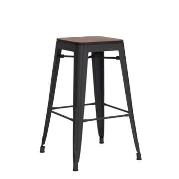Alunaune 24" Metal Bar Stools Set of 4 Stackable Counter Height Barstools Backless Industrial Kitchen Bar Chairs with Wooden Seat-Matte Black