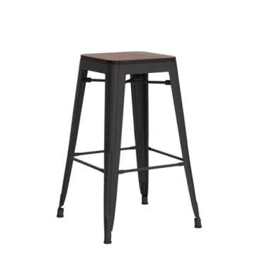 Alunaune 24" Metal Bar Stools Set of 4 Stackable Counter Height Barstools Backless Industrial Kitchen Bar Chairs with Wooden Seat-Matte Black
