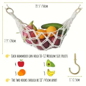 2 Sets of Macrame Hanging Fruit Hammock, Hanging Fruit Basket Under the Kitchen Cabinet with Hooks (All Handwoven) for Banana, Produce, Vegetables or Fruit Storage (Ivory)