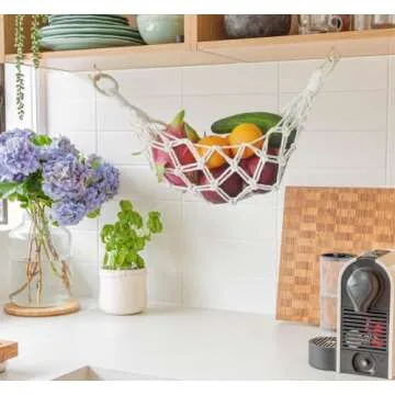 2 Sets of Macrame Hanging Fruit Hammock, Hanging Fruit Basket Under the Kitchen Cabinet with Hooks (All Handwoven) for Banana, Produce, Vegetables or Fruit Storage (Ivory)