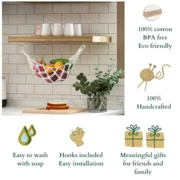 2 Sets of Macrame Hanging Fruit Hammock, Hanging Fruit Basket Under the Kitchen Cabinet with Hooks (All Handwoven) for Banana, Produce, Vegetables or Fruit Storage (Ivory)
