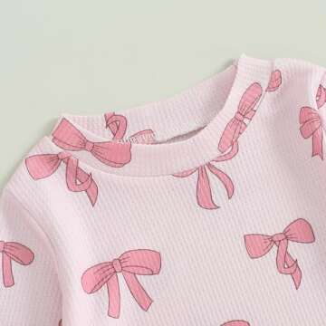 Blotona Baby Girl Clothes Cute Bow Print Long Sleeve Sweatshirt Pants Set Waffle Knit Toddler Spring Fall Outfit (Pink, 18-24 Months)