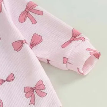 Blotona Baby Girl Clothes Cute Bow Print Long Sleeve Sweatshirt Pants Set Waffle Knit Toddler Spring Fall Outfit (Pink, 18-24 Months)