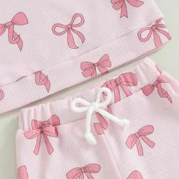 Blotona Baby Girl Clothes Cute Bow Print Long Sleeve Sweatshirt Pants Set Waffle Knit Toddler Spring Fall Outfit (Pink, 18-24 Months)