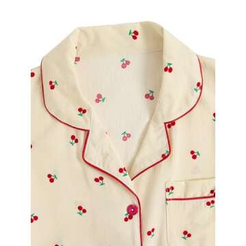 Verdusa Women's 2 Piece Pajama Sets Cute Printed Pj Sets Sleepwear Button Up Shirt with Pants Lounge Set Beige M