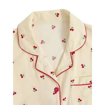 Verdusa Women's 2 Piece Pajama Sets Cute Printed Pj Sets Sleepwear Button Up Shirt with Pants Lounge Set Beige M