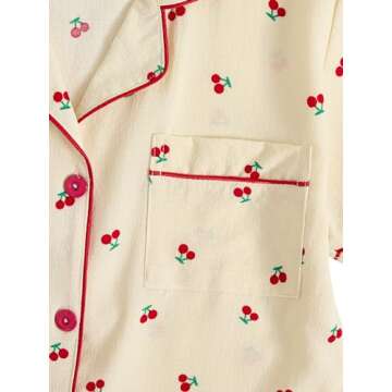 Verdusa Women's 2 Piece Pajama Sets Cute Printed Pj Sets Sleepwear Button Up Shirt with Pants Lounge Set Beige M