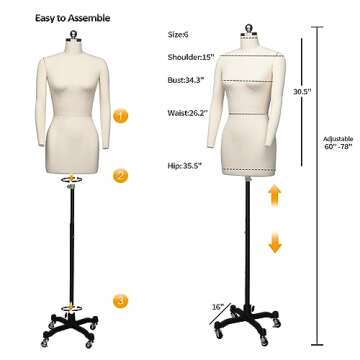 Bonnlo Female Sewing Mannequin, Size 6 Professional Dress Form for Display and Tailor Design, Height...