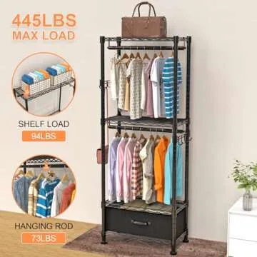 VyGrow Clothes Rack, Clothing Rack for Hanging Clothes, Kids Clothes Rack, 4 Tiers Adjustable Closet Organizer with Drawer | Double Rods | Side Hooks | Load 445lbs | ‎13.18" D x 23" W x 78.74" H