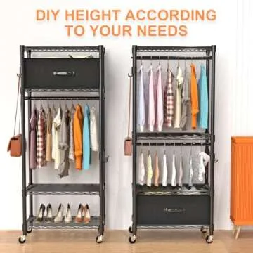 VyGrow Clothes Rack, Clothing Rack for Hanging Clothes, Kids Clothes Rack, 4 Tiers Adjustable Closet Organizer with Drawer | Double Rods | Side Hooks | Load 445lbs | ‎13.18" D x 23" W x 78.74" H