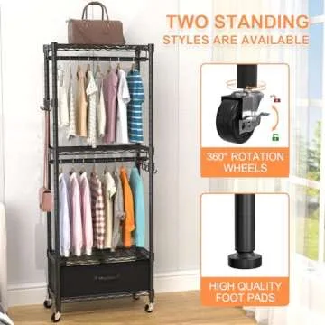 VyGrow Clothes Rack, Clothing Rack for Hanging Clothes, Kids Clothes Rack, 4 Tiers Adjustable Closet Organizer with Drawer | Double Rods | Side Hooks | Load 445lbs | ‎13.18" D x 23" W x 78.74" H