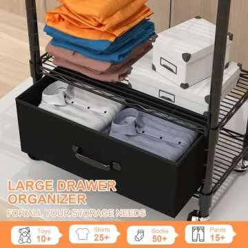 VyGrow Clothes Rack, Clothing Rack for Hanging Clothes, Kids Clothes Rack, 4 Tiers Adjustable Closet Organizer with Drawer | Double Rods | Side Hooks | Load 445lbs | ‎13.18" D x 23" W x 78.74" H