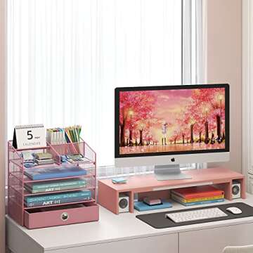 JAFUSI Desk Organizer with Privacy Drawer,5-Tier Paper Letter Tray Organizer with 2 Pen Holder,Mesh Desktop Organizer with 9 Sections Suit for Paper File,Mail Supply Shelves,Cosmetics