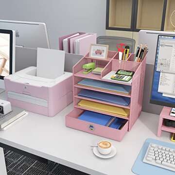 JAFUSI Desk Organizer with Privacy Drawer,5-Tier Paper Letter Tray Organizer with 2 Pen Holder,Mesh Desktop Organizer with 9 Sections Suit for Paper File,Mail Supply Shelves,Cosmetics