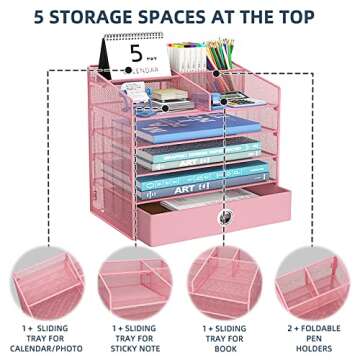 JAFUSI Desk Organizer with Privacy Drawer,5-Tier Paper Letter Tray Organizer with 2 Pen Holder,Mesh Desktop Organizer with 9 Sections Suit for Paper File,Mail Supply Shelves,Cosmetics
