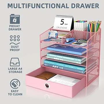 JAFUSI Desk Organizer with Privacy Drawer,5-Tier Paper Letter Tray Organizer with 2 Pen Holder,Mesh Desktop Organizer with 9 Sections Suit for Paper File,Mail Supply Shelves,Cosmetics