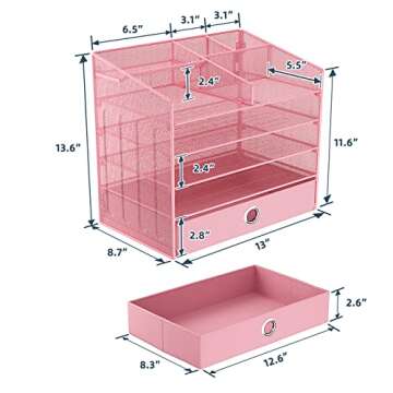 JAFUSI Desk Organizer with Privacy Drawer,5-Tier Paper Letter Tray Organizer with 2 Pen Holder,Mesh Desktop Organizer with 9 Sections Suit for Paper File,Mail Supply Shelves,Cosmetics