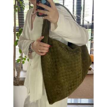 Slouchy Woven Suede Hobo Bags Women Trendy Suede Purse Crossbody Crescent Shoulder Satchel Work Bag Top Handle Tote Handbag