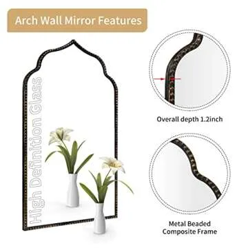 YIDIE Arch Wall Mirror, 22" W x 38" H Marlowe Mirror, Metal Beaded Frame Large Modern Mirror,Antique Black