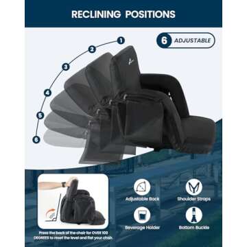 Sportneer Stadium Seats for Bleachers, Bleacher Chairs with Back and Cushion Bleacher Seats with Back Support Padded Stadium Chair with Armrests 6 Reclining Positions for Sport Events Camping Beaches