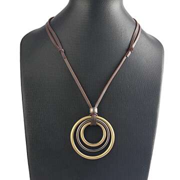 joymiao Brown Necklaces for Women Vintage Alloy Pendant Leather Rope Necklace Long Necklaces for Women Boho Leather Necklace